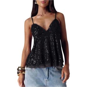 image:imageMakeMeChic Womens Sequin V Neck Cami Top Sparkly Spaghetti Strap Y2k Party TopsBlack