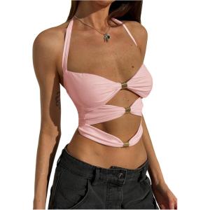 image:imageMakeMeChic Womens Sexy Halter Tops Going Out Cut Out Open Back Y2k Crop TopPink