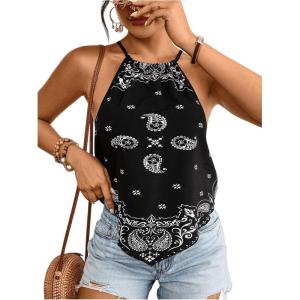 image:imageMakeMeChic Womens Sexy Paisley Print Bandana Halter Top Y2K Boho Backless Boho Going Out Floral Tops Vacation OutfitsBlack and White