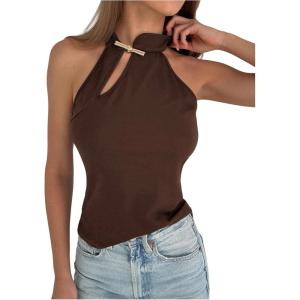 image:imageMakeMeChic Womens Sleeveless Halter Tops Mock Neck Metal Buckle Cheongsam TopsCoffee Brown