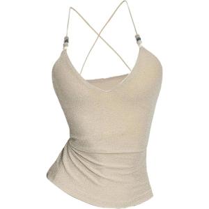 image:imageMakeMeChic Womens Sparkly Glitter Halter Top V Neck Beaded Criss Cross Rave Going Out TopsChampagne