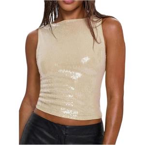 image:imageMakeMeChic Womens Sparkly Sequin Tops Y2k Sleeveless Crop Going Out Rave Tops ClubwearApricot