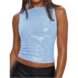 image:imageMakeMeChic Womens Sparkly Sequin Tops Y2k Sleeveless Crop Going Out Rave Tops ClubwearLight Blue