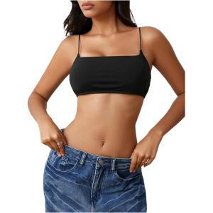 image:imageMakeMeChic Womens Square Neck Sports Bra Spaghetti Strap Wireless Square Back Workout Bra Crop TopsBlack