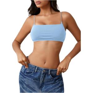 image:imageMakeMeChic Womens Square Neck Sports Bra Spaghetti Strap Wireless Square Back Workout Bra Crop TopsBlue