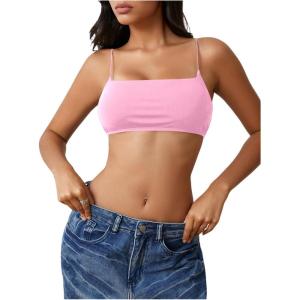 image:imageMakeMeChic Womens Square Neck Sports Bra Spaghetti Strap Wireless Square Back Workout Bra Crop TopsPink a