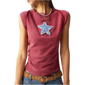 image:imageMakeMeChic Womens Star Print Tank Top Crew Neck Sleeveless Rib Knitted Summer ShirtRedwood