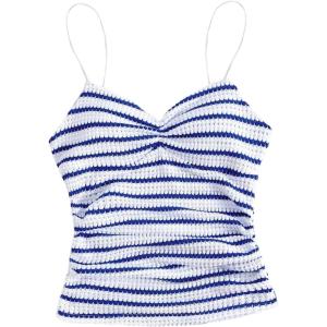 image:imageMakeMeChic Womens Striped Cami Top Ruched Spaghetti Strap V Neck Crop Tank TopBlue and White