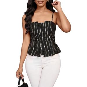 image:imageMakeMeChic Womens Striped Cami Top Spaghetti Strap Ruffle Smocked Work Office TopsBlack