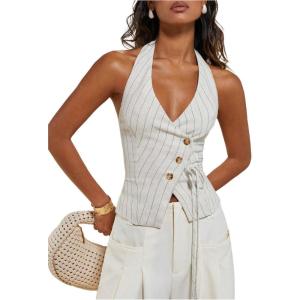 image:imageMakeMeChic Womens Striped Halter Crop Top Wrap Button Down Backless Summer Vest Tank TopsBeige