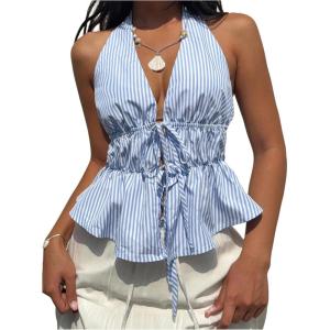image:imageMakeMeChic Womens Striped Halter Tops Bow Tie Front Backless Ruffle Summer TankBlue and White