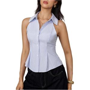 image:imageMakeMeChic Womens Striped Print Blouse Top Ruffle Hem Notched V Neck Causal Sleeveless Button Down ShirtsBlue