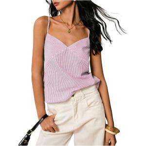 image:imageMakeMeChic Womens Striped V Neck Cami Top Spaghetti Strap Sleeveless Summer Tank TopsPink