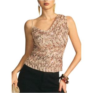 image:imageMakeMeChic Womens Summer Asymmetrical Tops Glitter Sequin Sleeveless Going Out Tank TopGold