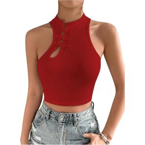image:imageMakeMeChic Womens Summer Cheongsam Tops Mock Neck Halter Buckle Sleeveless Fitted Tank Crop TopsRed