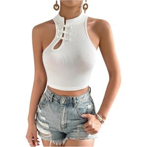 image:imageMakeMeChic Womens Summer Cheongsam Tops Mock Neck Halter Buckle Sleeveless Fitted Tank Crop TopsWhite
