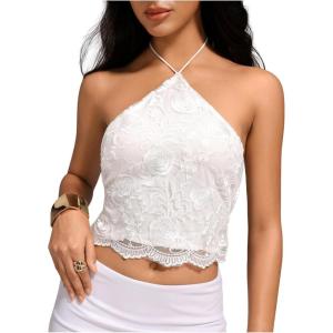 image:imageMakeMeChic Womens Summer Floral Tops Halter Crop Tops Tie Open Back Lace Up Sleeveless TankWhite