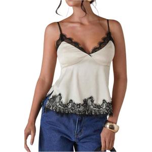 image:imageMakeMeChic Womens Summer Lace Satin Cami Tops Sexy Elegant Spaghetti Strap Sleeveless Crop TopsApricot