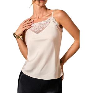 image:imageMakeMeChic Womens Summer Lace Satin Cami Tops Sexy Elegant Spaghetti Strap Sleeveless Crop TopsWhite