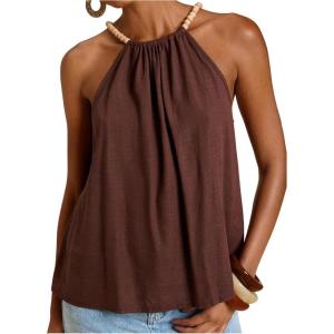 image:imageMakeMeChic Womens Summer Linen Flowy Top Beach Vacation Boho Halter TopBrown