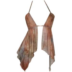 image:imageMakeMeChic Womens Summer Party Y2K Mesh Sheer Tie Dye Halter Cami Top Open Back Ruffle Crop TopsMulticolor