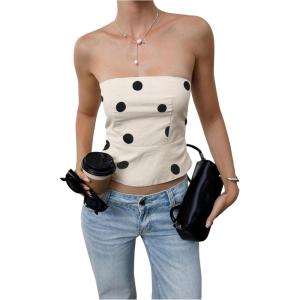 image:imageMakeMeChic Womens Summer Polka Dots Tube Tops Shirred Strapless Sleeveless Crop Bandeau TopApricot