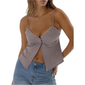 image:imageMakeMeChic Womens Summer Tank Tops Sleeveless Floral Lace V Neck Trim Spaghetti Strap Low Cut Crop TopGrey