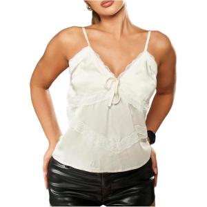 image:imageMakeMeChic Womens Summer Y2K Floral Lace Cami Tops Satin Spaghetti Strap Sleeveless Tank TopWhite