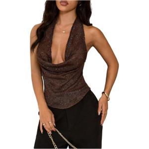 image:imageMakeMeChic Womens Summer Y2K Going Out Tops Sequin Draped Halter Sleeveless Clubwear TopBrown