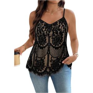 image:imageMakeMeChic Womens Summer Y2K Plus Size Floral Lace Cami Top Spaghetti Strap Sleeveless Tank TopBlack