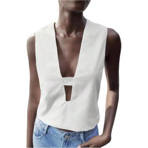 image:imageMakeMeChic Womens Tank Top Deep V Neck Sleeveless Work Dressy Casual BlouseWhite