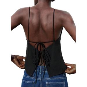 image:imageMakeMeChic Womens Tie Open Back Camisole Tops Backless Sleeveless Casual Crop Tops TrendyBlack