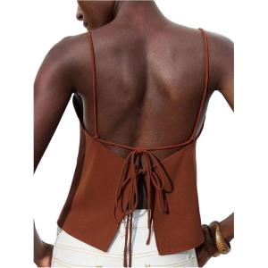 image:imageMakeMeChic Womens Tie Open Back Camisole Tops Backless Sleeveless Casual Crop Tops TrendyBrown