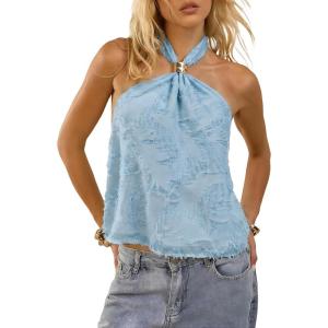 image:imageMakeMeChic Womens Tie Open Back Halter Tops Metal Sleeveless Summer Tank TopBlue