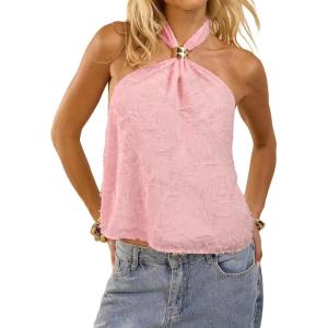 image:imageMakeMeChic Womens Tie Open Back Halter Tops Metal Sleeveless Summer Tank TopPink