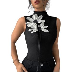 image:imageMakeMeChic Womens Turtle Neck Black Tank Tops Summer 3D Floral Sleeveless Tops Knitted ShirtBlack