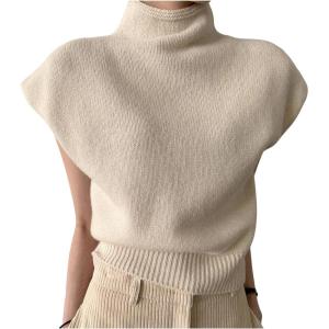 image:imageMakeMeChic Womens Turtleneck Sweater Vest Mock Neck Cap Sleeve Summer Knit Tops Pullover SweatersApricot