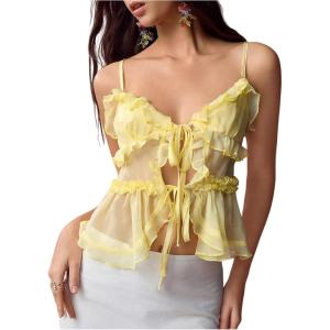 image:imageMakeMeChic Womens V Neck Mesh Cami Top Bow Tie Front Spaghetti Strap Frill Trim Ruffle Hem Camisole TopsYellow
