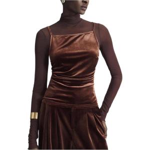 image:imageMakeMeChic Womens Velvet Ruched Cami Top Spaghetti Strap Sleeveless Fitted Tank TopsCoffee Brown