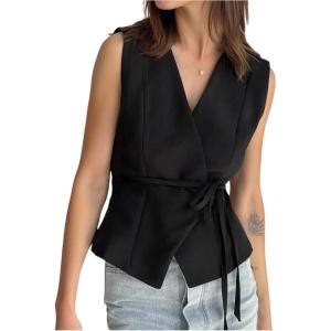 image:imageMakeMeChic Womens Wrap Blouse Vest Sleeveless Blazer Tie V Neck Belted Elegant Office Shirt TopsBlack