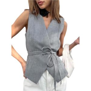 image:imageMakeMeChic Womens Wrap Blouse Vest Sleeveless Blazer Tie V Neck Belted Elegant Office Shirt TopsGrey