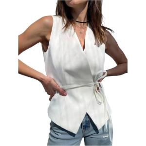 image:imageMakeMeChic Womens Wrap Blouse Vest Sleeveless Blazer Tie V Neck Belted Elegant Office Shirt TopsWhite