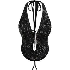 image:imageMakeMeChic Womens Y2K Summer Party Glitter Sequin Floral Halter Top Draped Tie Back Crop TopsBlack