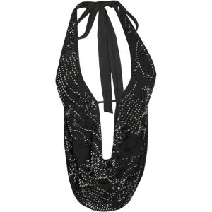 image:imageMakeMeChic Womens Y2K Summer Party Glitter Sequin Floral Halter Top Draped Tie Back Crop TopsBlack B
