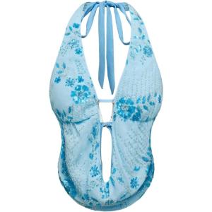 image:imageMakeMeChic Womens Y2K Summer Party Glitter Sequin Floral Halter Top Draped Tie Back Crop TopsBlue