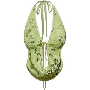 image:imageMakeMeChic Womens Y2K Summer Party Glitter Sequin Floral Halter Top Draped Tie Back Crop TopsGreen