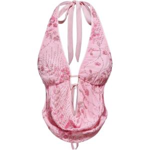 image:imageMakeMeChic Womens Y2K Summer Party Glitter Sequin Floral Halter Top Draped Tie Back Crop TopsPink