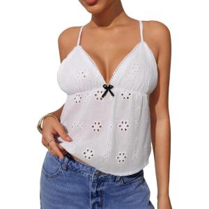 image:imageMakeMeChic Womens Y2K Tops Eyelet Embroidery Babydoll V Neck Ruffle Hem Sleeveless Tank TopsWhite
