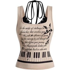 image:imageMakeMeChic Womens Y2k Halter Tank Tops Letter Print Fitted Grunge Streetwear TopsKhaki