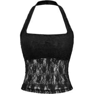 image:imageMakeMeChic Womens Y2k Lace Sheer Halter Crop Tops Sleeveless Going Out Tank TopBlack